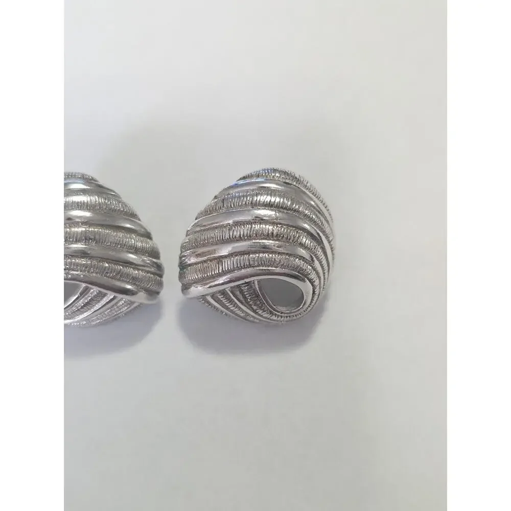 Vintage Crown Trifari Signed Earrings Textured Silver Tone Metal Swirl Clip On